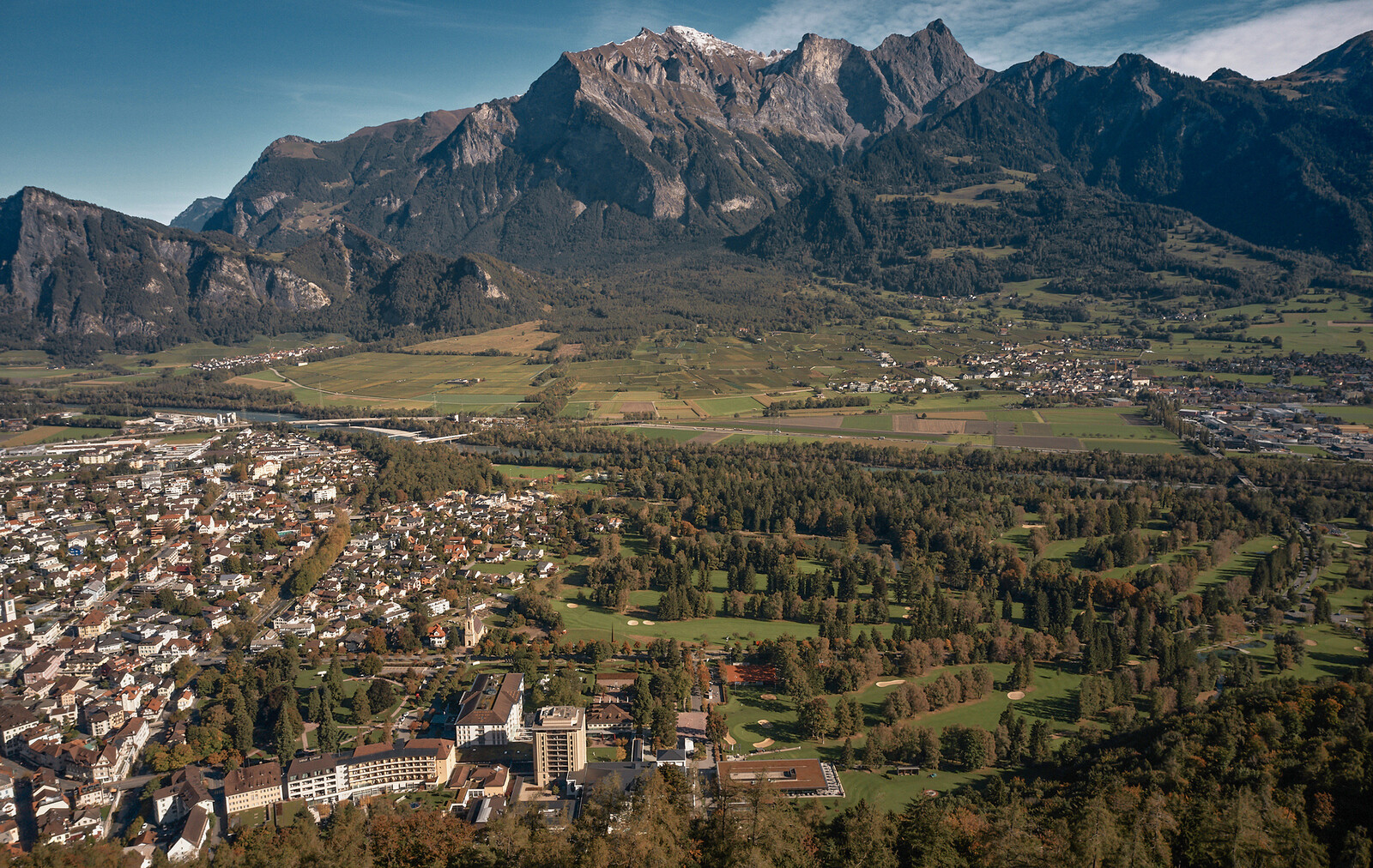 The Falknis mountain stretches over the small village of Bad Ragaz. The superior star hotel Grand Resort Bad Ragaz is located in the village.