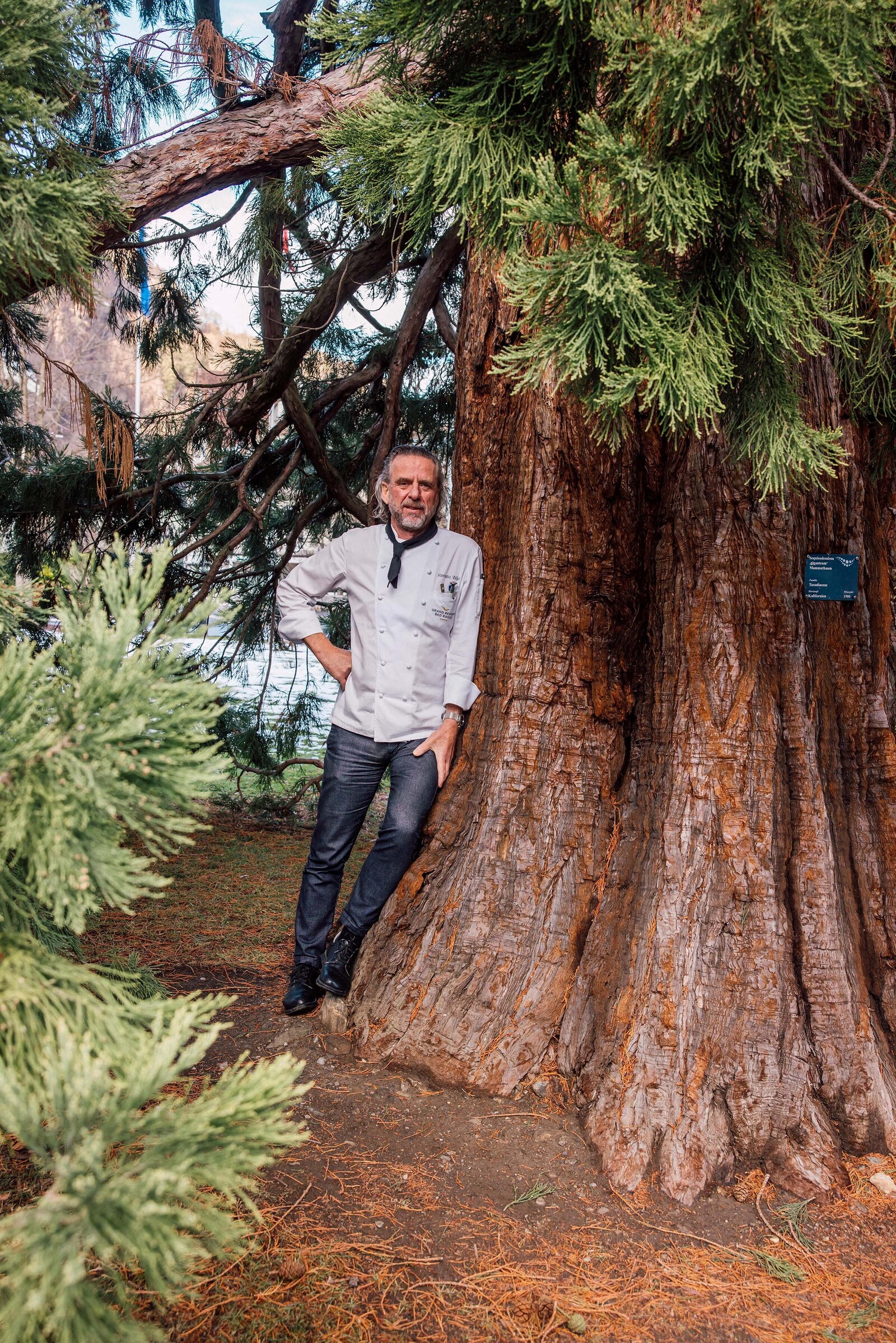 Renato Wüst is leaning against a tree. He is a chef at the Hotel Grand Resort Bad Ragaz, a star hotel in Switzerland.